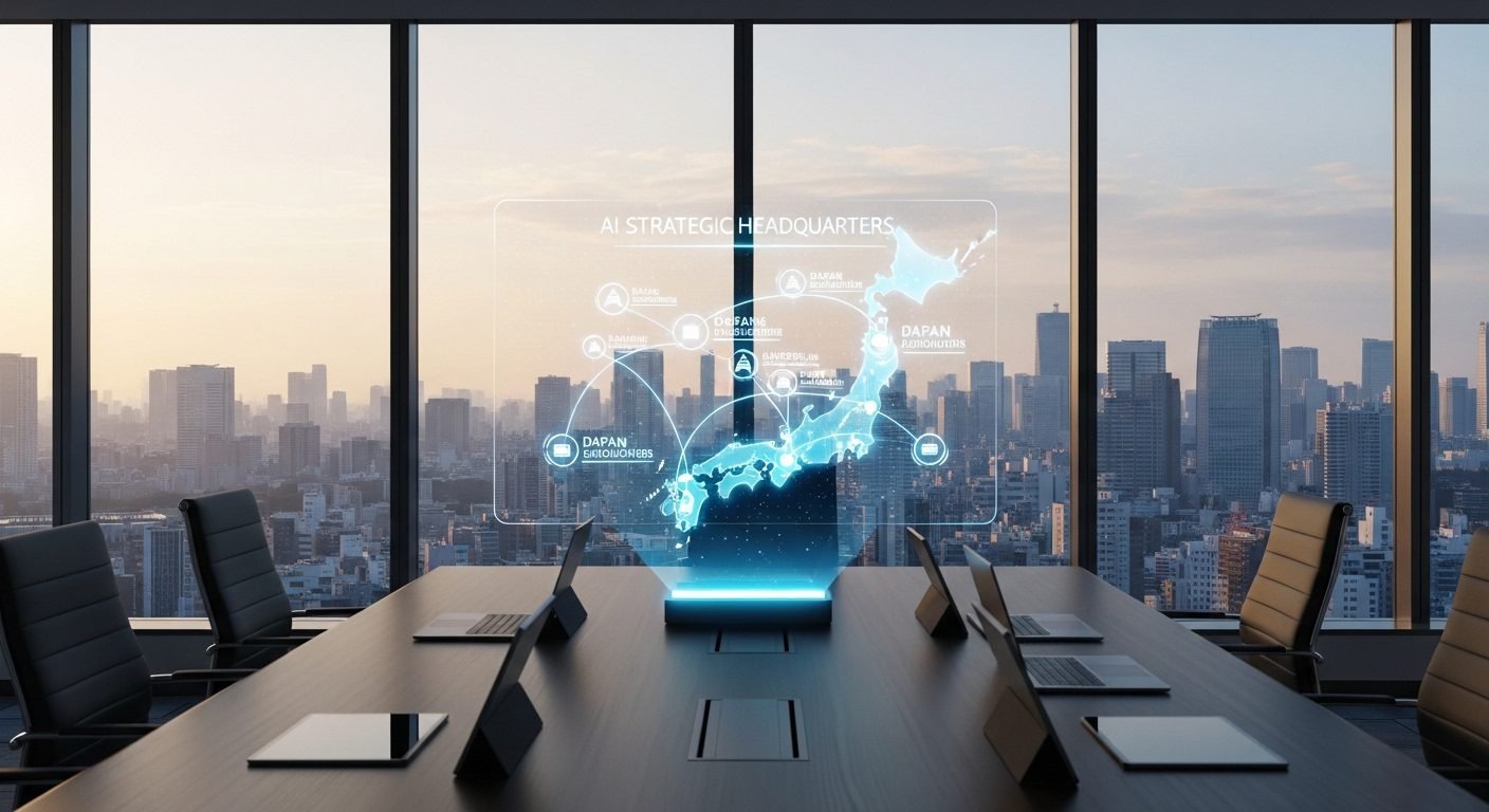 Holographic data visualization of Japan's 2026 AI Basic Plan showing national connectivity in a modern Tokyo boardroom.