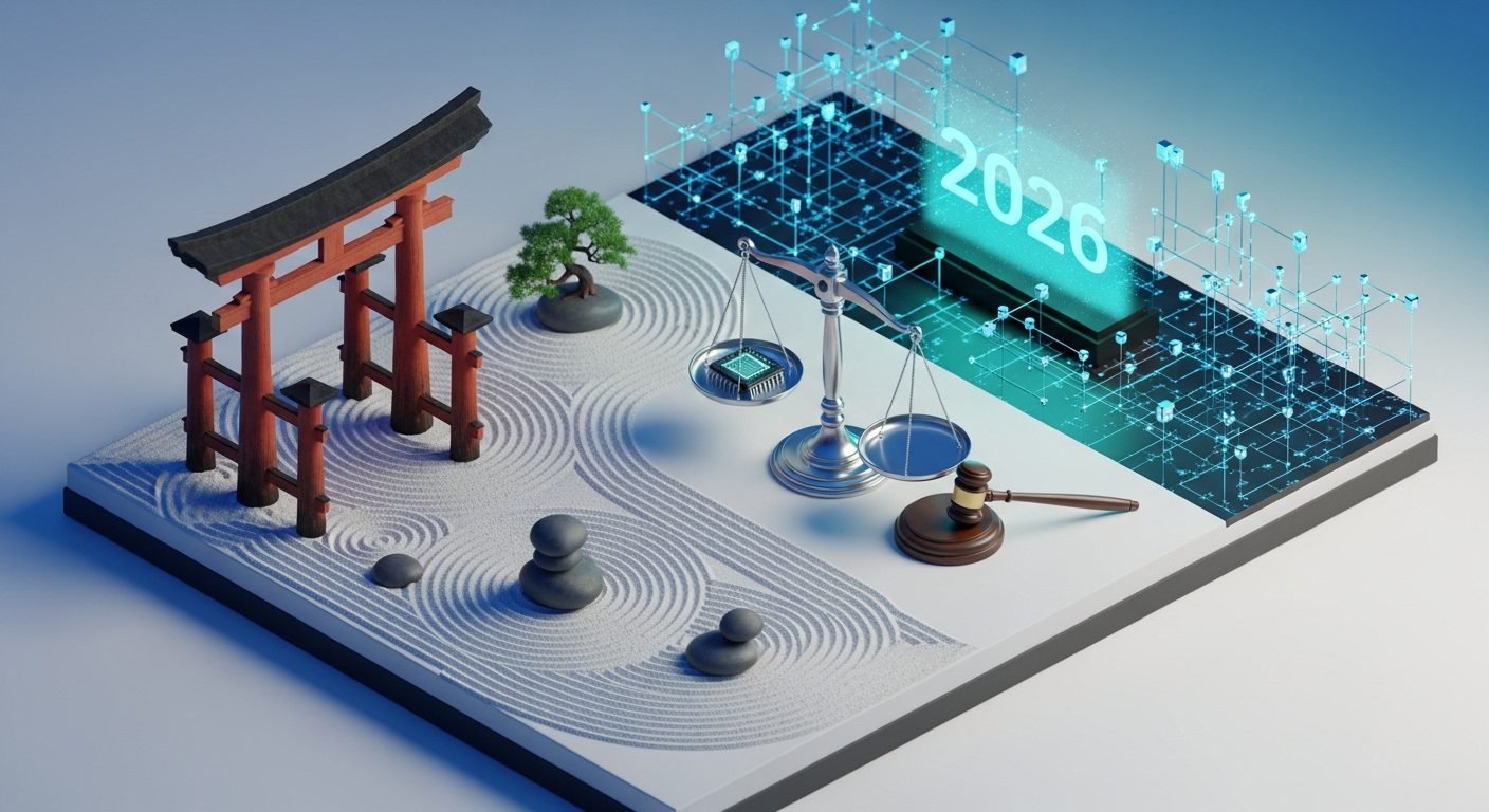 A 3D diorama representing Japan's 2026 AI Promotion Act and Agile Governance framework.