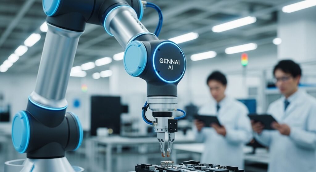 Advanced industrial cobot arm powered by Gennai AI performing precision tasks in a Japanese factory, aligned with 2026 METI regulations.