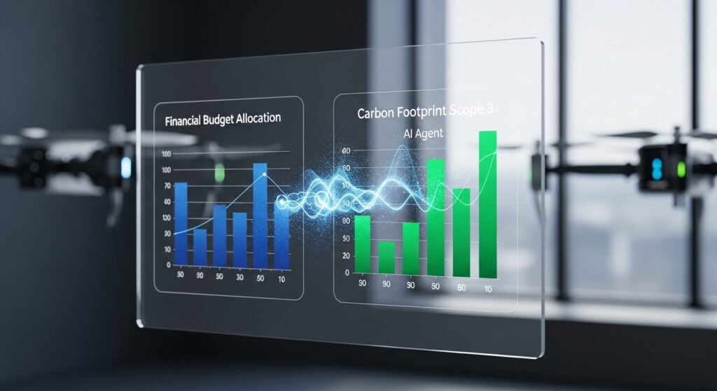 Close-up of a digital dashboard showing real-time reconciliation of financial budgets and Scope 3 carbon emissions using Software TM1.