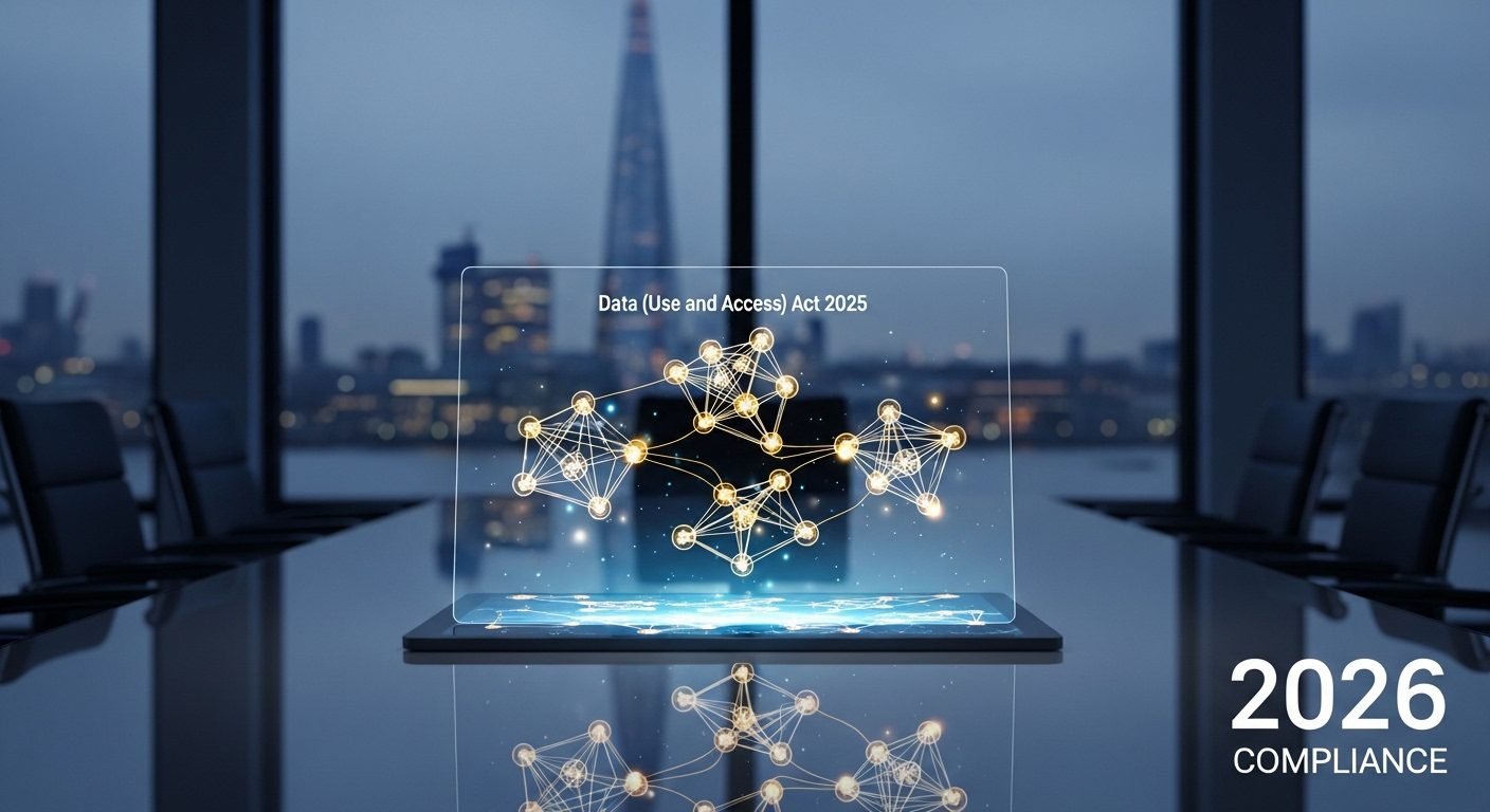 Holographic display of the 2026 UK AI regulatory framework in a London office boardroom.