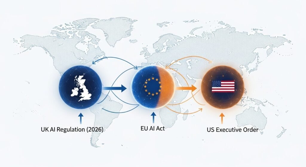 Infographic showing the 2026 UK AI regulation aligning more closely with the USA than the EU.