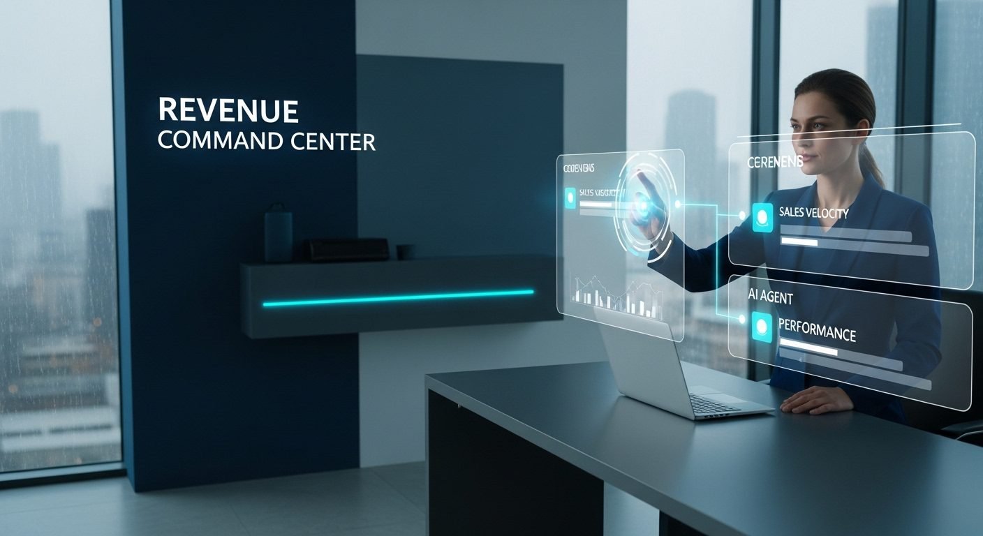 VP of Inside Sales analyzing a 2026 AI-driven revenue dashboard and hybrid sales signals in a modern SaaS office.