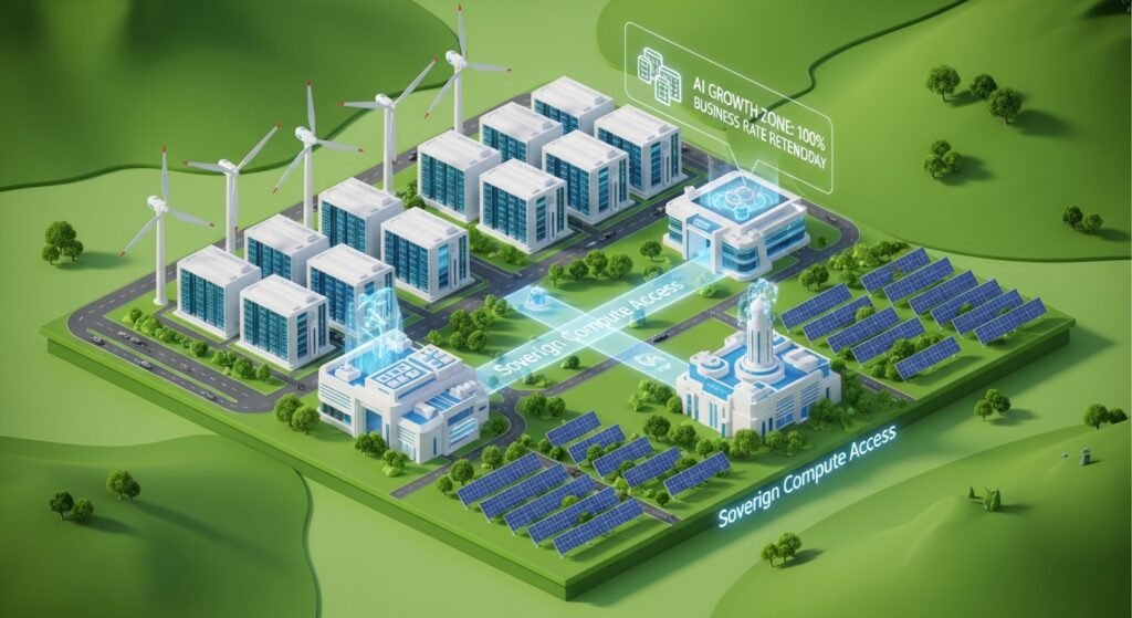 3D diagram of the Lanarkshire AI Growth Zone showing Sovereign AI infrastructure and renewable energy sources.