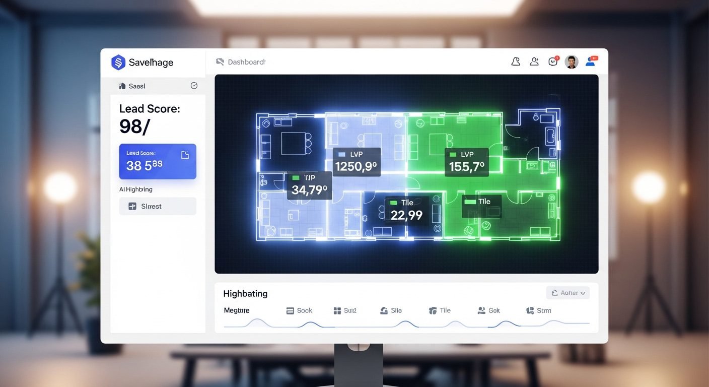 Modern SaaS dashboard for flooring contractors visualizing automated floorplan measurement with predictive lead scoring metrics.