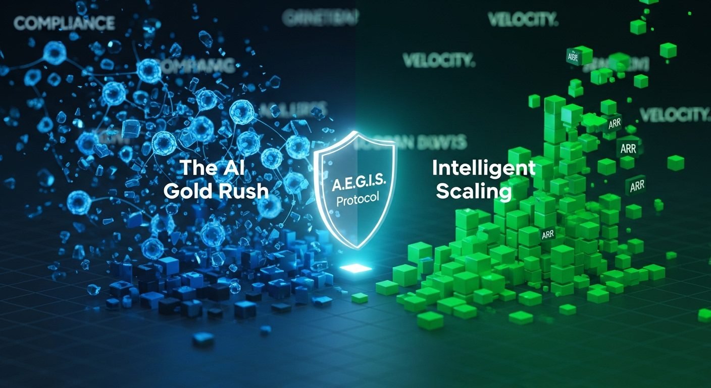 Conceptual illustration of the AEGIS Protocol shield transforming chaotic AI data into structured, compliant enterprise scaling.