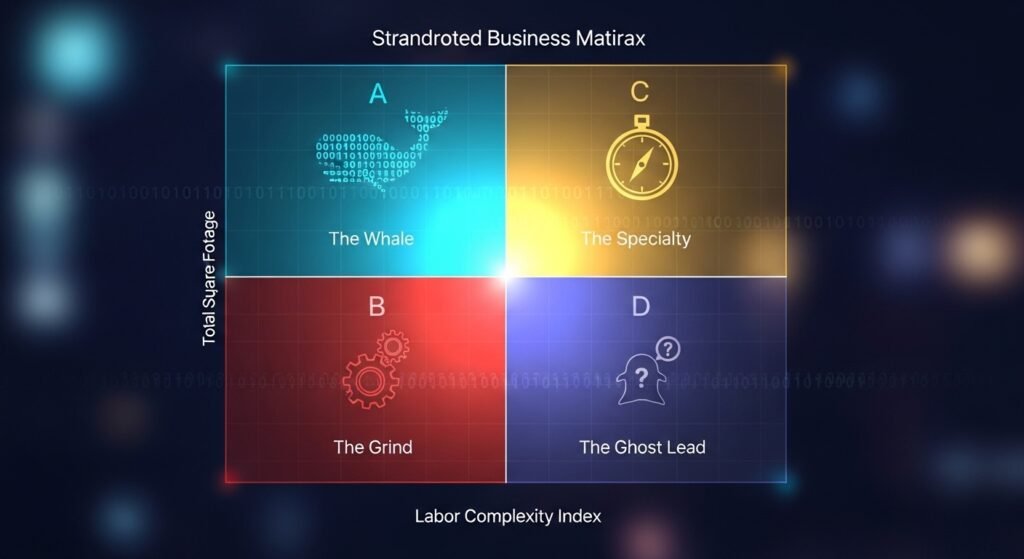 Structural visualization of the Profit-Predictive Takeoff Matrix (PPTM) for flooring lead scoring, separating high-margin whales from low-value leads.