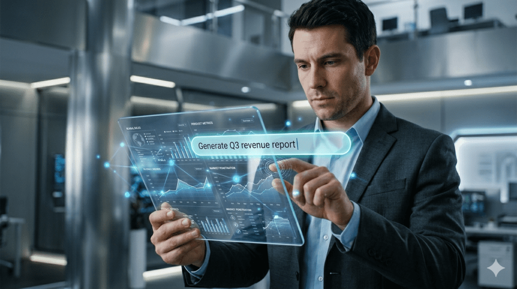 A conceptual image of a futuristic SaaS interface where a user interacts via a natural language command bar to execute complex data reports using agentic AI.