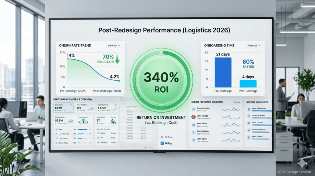 A snapshot of a logistics SaaS dashboard showing improved key performance indicators (KPIs) like reduced churn, faster onboarding, and high ROI after a UX redesign.