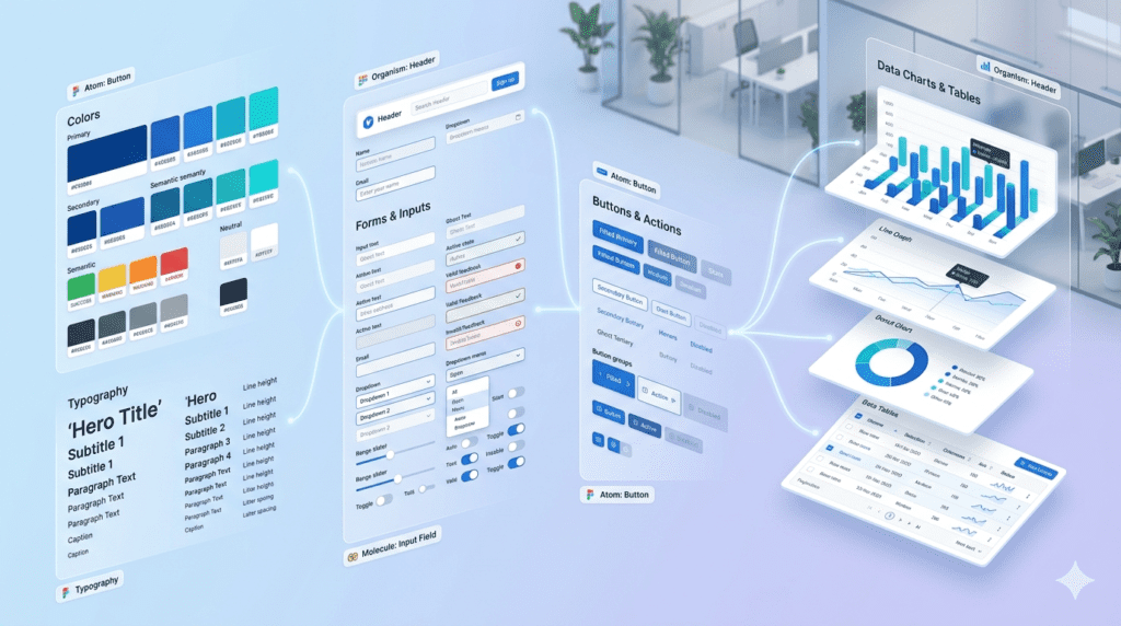 A visual display of a SaaS component library and design system, showing buttons, input fields, typography, and charts used for building scalable B2B software.