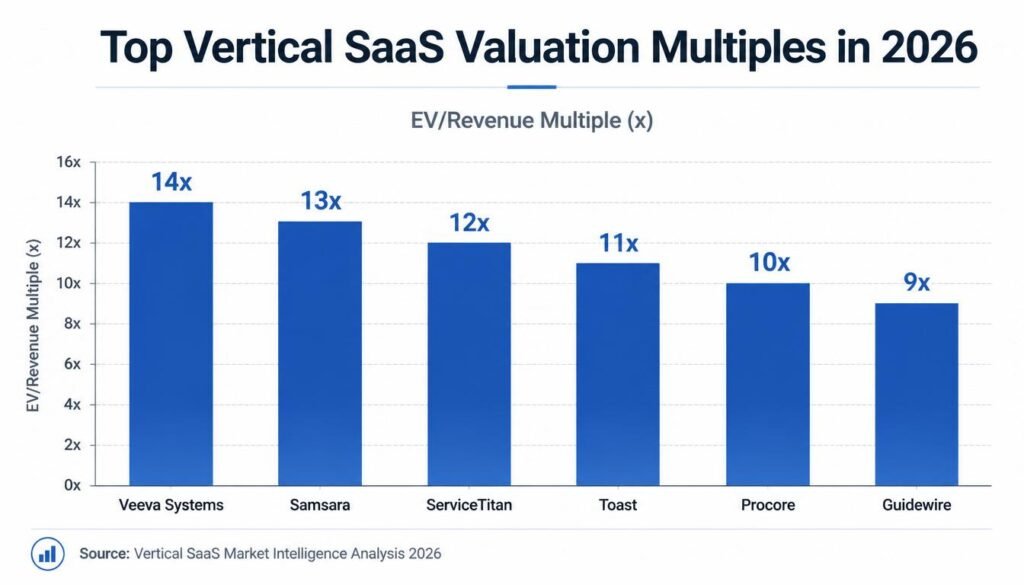 Bar chart comparing vertical SaaS valuation multiples for Toast, Procore, Veeva Systems, ServiceTitan, Guidewire, and Samsara in 2026