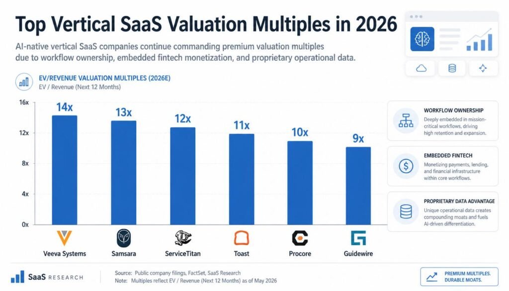 Bar chart showing top vertical SaaS valuation multiples in 2026 including Veeva Systems, Samsara, ServiceTitan, Toast, Procore, and Guidewire.