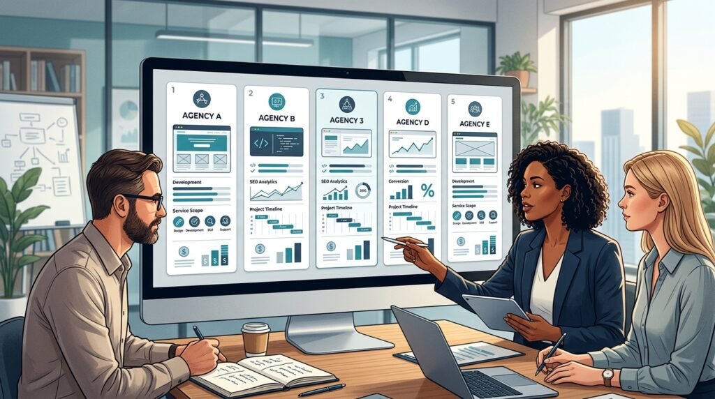 Business team comparing SaaS website design agency proposals and services