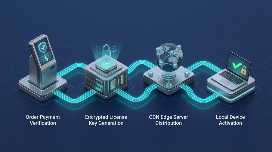 Step-by-step workflow of Electronic Software Distribution from order processing to CDN delivery and activation.