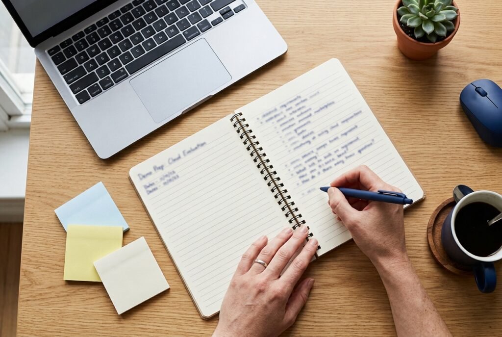 Hand taking notes in an open notebook beside a laptop and sticky notes