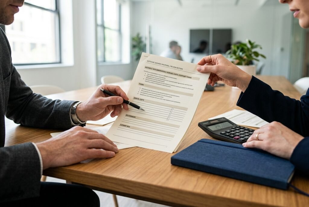 Two colleagues reviewing a printed proposal with a pen and calculator