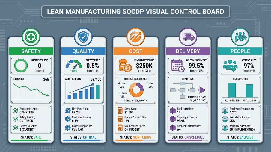 Visual board template highlighting the five SQCDP pillars: Safety, Quality, Cost, Delivery, and People for manufacturing.
