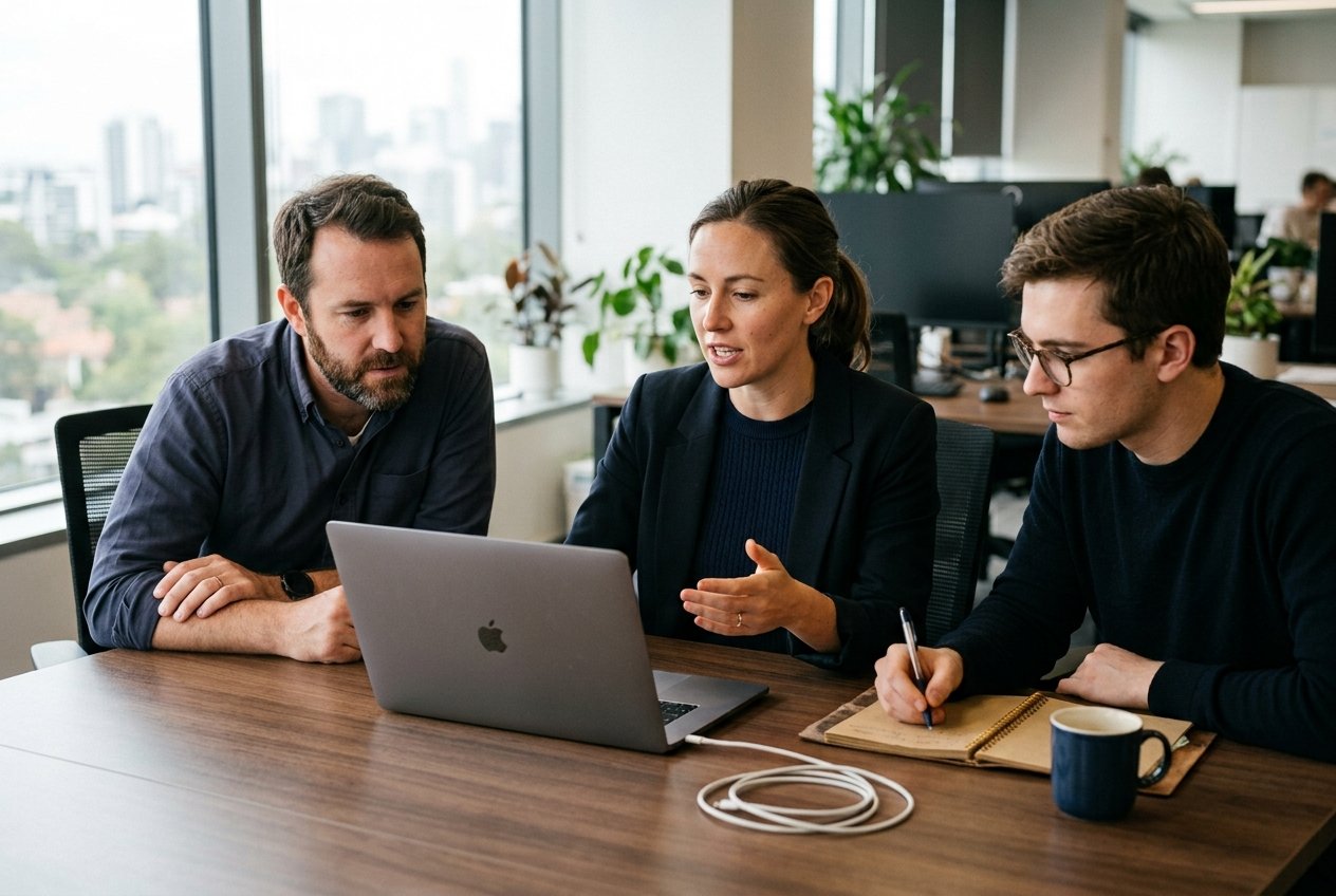 Business team reviewing a laptop and taking notes before a software demo