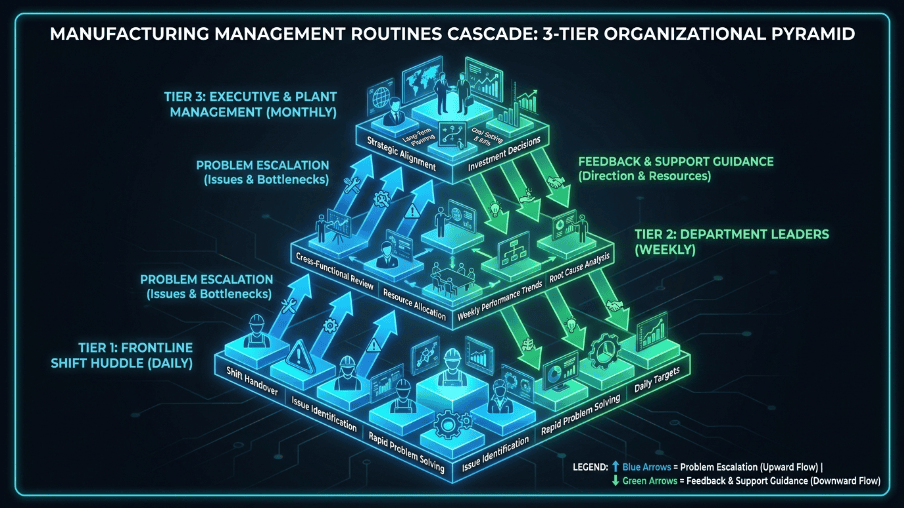 Three-tier escalation cascade diagram showing communication flow from frontline huddles to plant management.