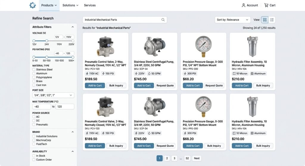 B2B ecommerce site search interface featuring technical attribute filters