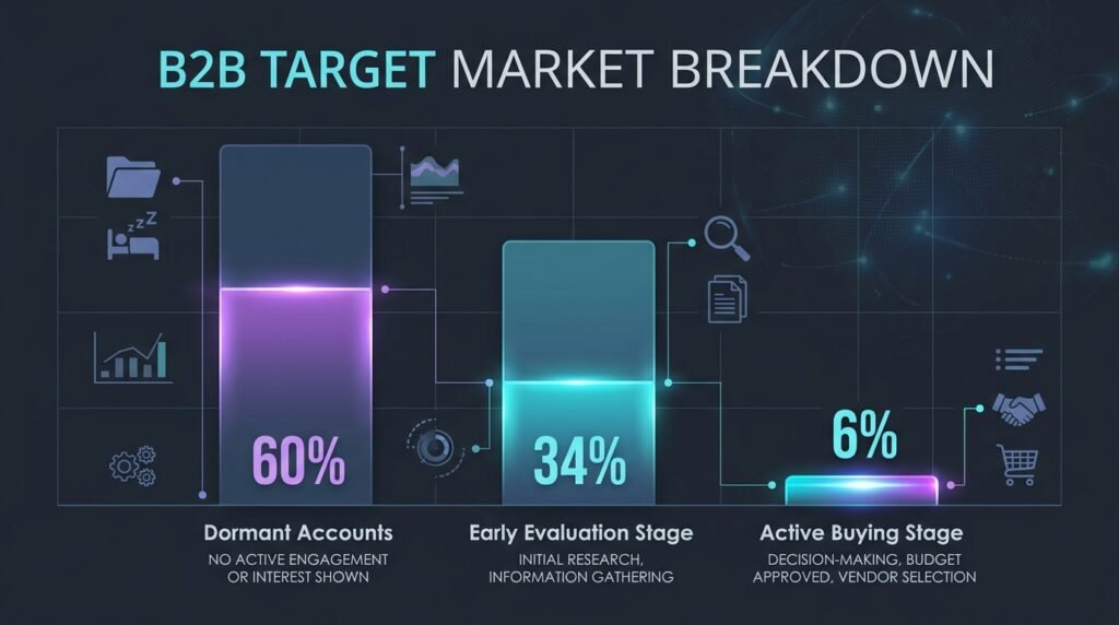 Infographic displaying 6sense B2B account distribution: 60% dormant, 34% early evaluation, and 6% active buyers