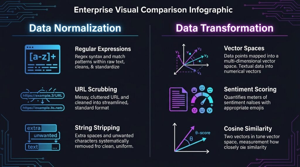 Comparison infographic showing Data Normalization surface cleaning vs Data Transformation semantic metric extraction in AI search.