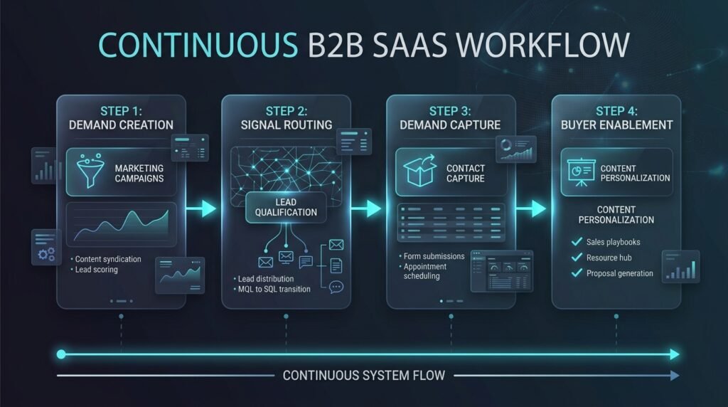 4-step multiplicative SaaS demand engine showing Demand Creation, Signal Routing, Demand Capture, and Buyer Enablement